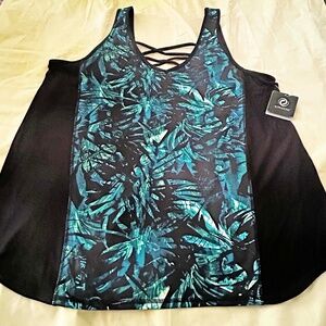 TANK TOP, SLIMMING SIDES, BLACK (With Blue, White, Green), SIZE 4X, LACE ACCENTS